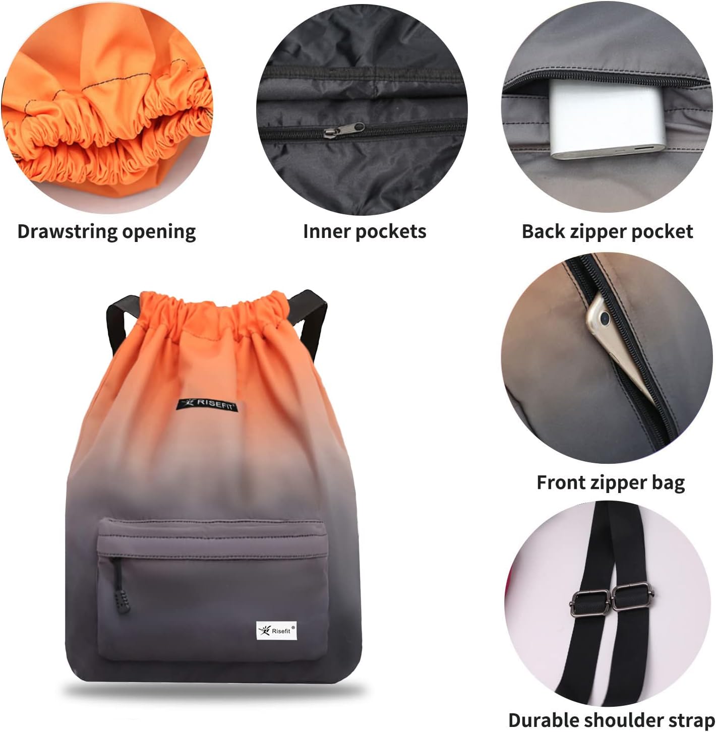 Detalle de Risefit Waterproof Swimming Bags Drawstring Gym Bag Backpack for Adults – waterproof storage with pockets