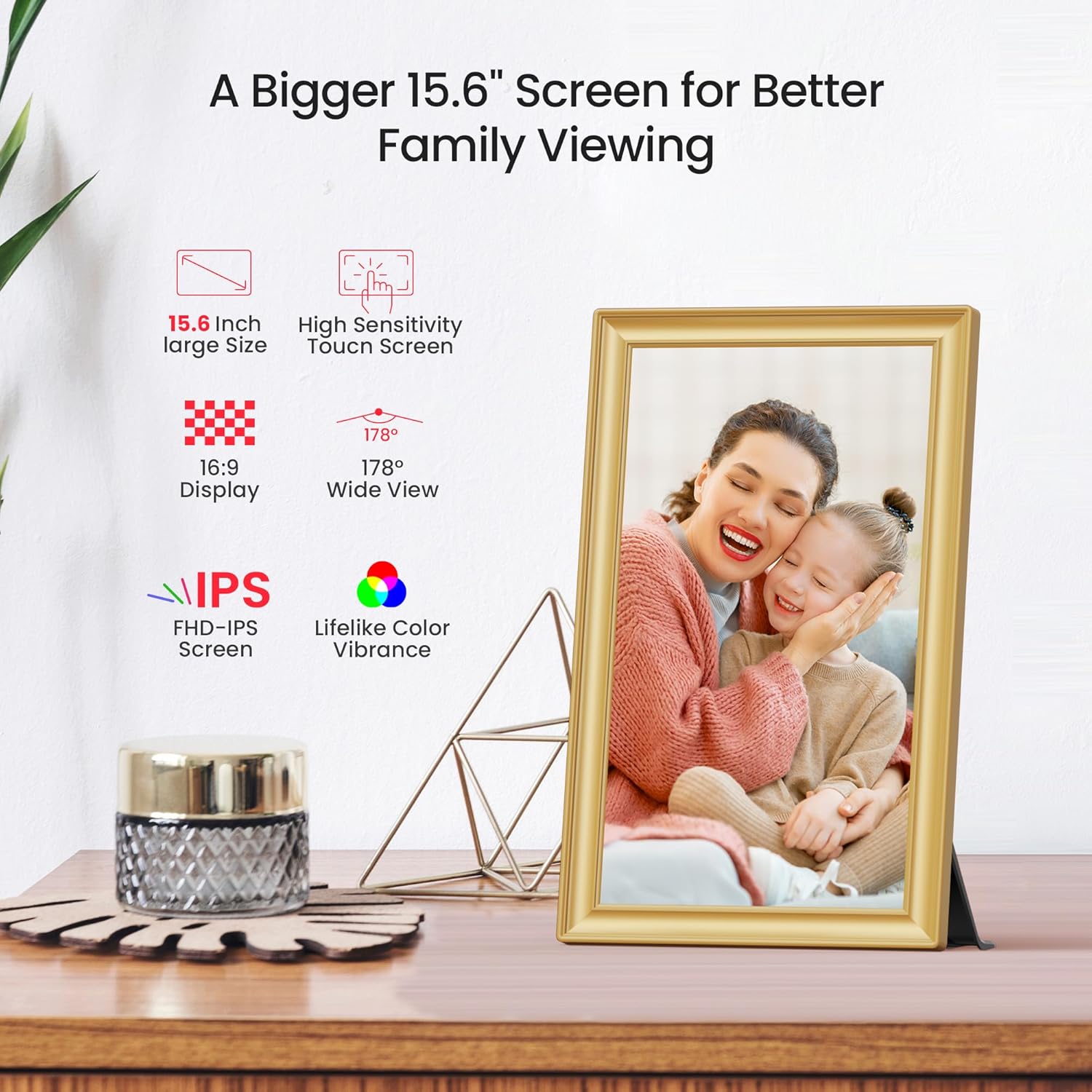 Thumbnail 3 de 64GB Frameo WiFi 15.6" Digital Photo Frame by BIGASUO (Golden) with 1920x1080 IPS Touch Display