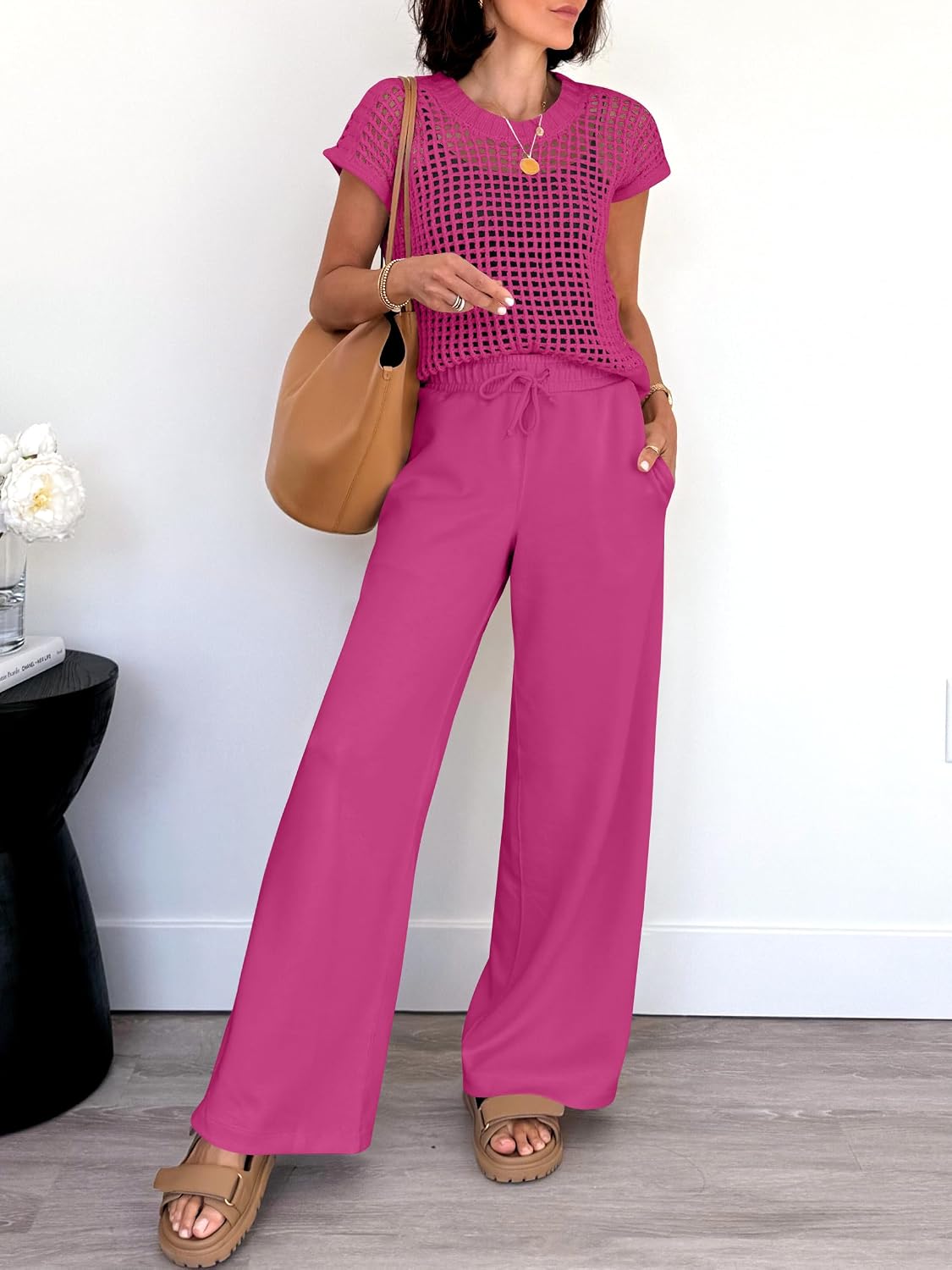 Detalle de ANRABESS Women Two Piece Crochet Knit Set: Sheer Top and Wide-Leg Pants