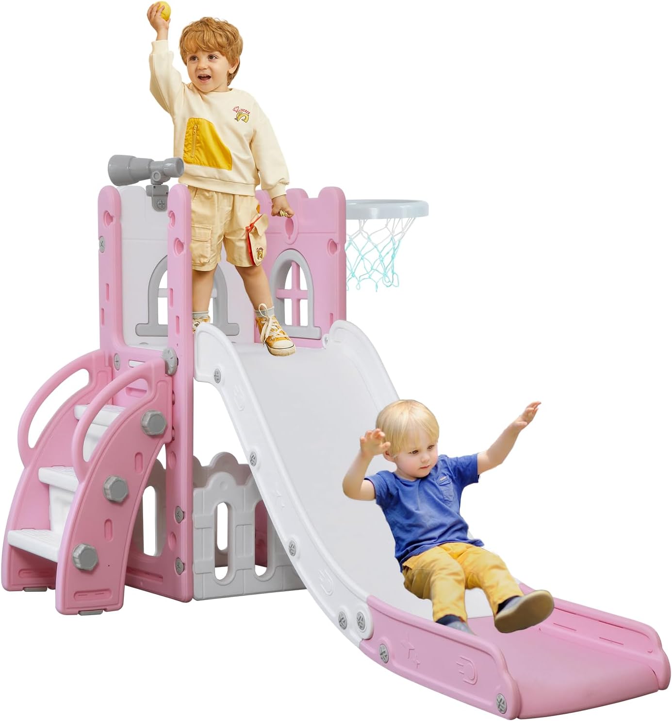 Detalle de LulliSpace 6 in 1 Toddler Slide & Climber with Basketball Hoop, Storage and Telescope