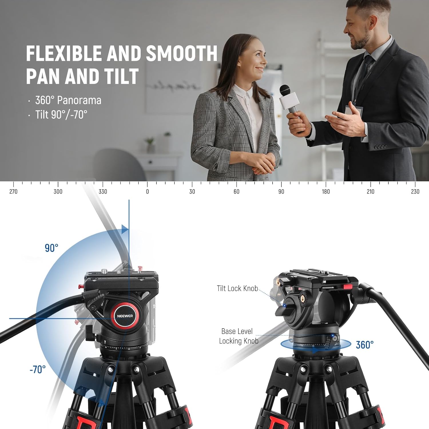 Detalle de NEEWER 74" Video Tripod with Fluid Head & Damping Control (TP74) – Heavy-Duty Aluminium Stance for DSLR & Camcorders