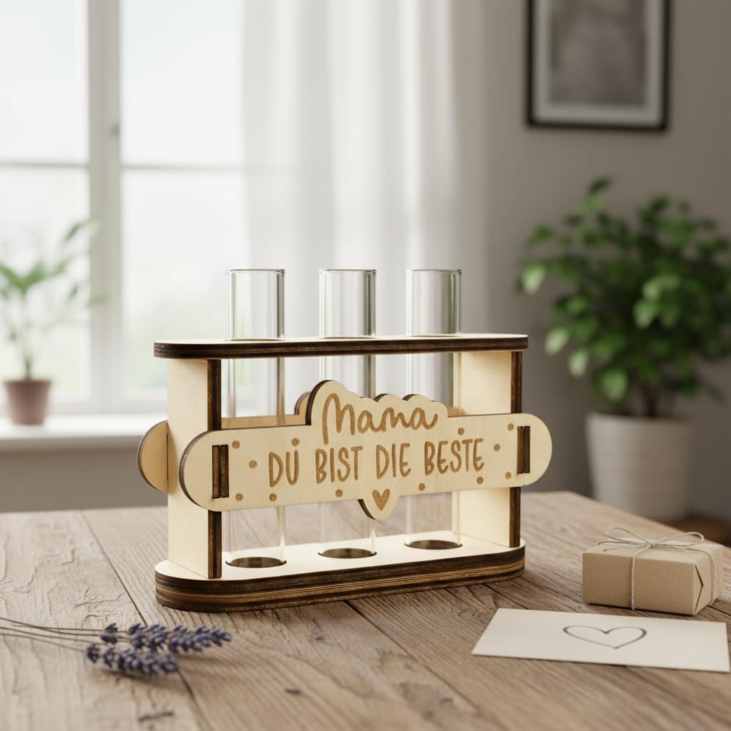 Thumbnail 4 de Geschenke für Mama: Holz-Reagenzglas-Vase mit Lichterkette – Blumenständer für Muttertag & Geburtstag