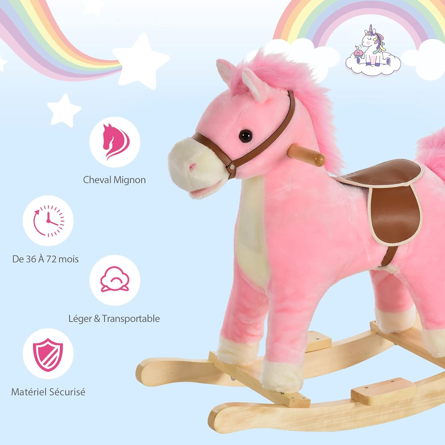 Detalle de HOMCOM Cheval à Bascule Selle Grand Confort Peluche Courte Douce Bois peuplier Brun