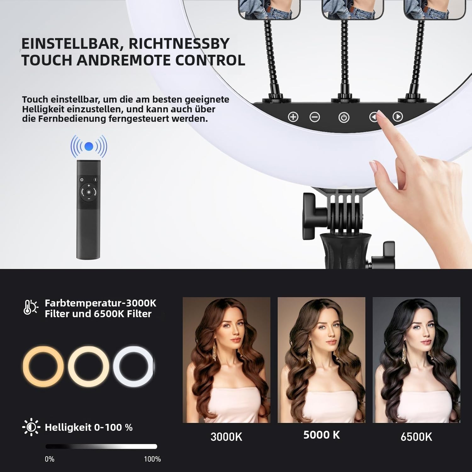 Detalle de KOSCHEAL 18 Zoll Ringlicht mit Ständer – 3000–6500K, einstellbare Helligkeit, Mikrofon- und Soundkartenhalter
