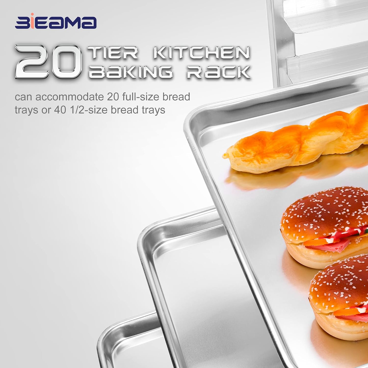 Detalle de BIEAMA 20-Tier Aluminum Sheet Pan Rack – NSF Full-Size, 4-Wheel Bakery Cooling Rack