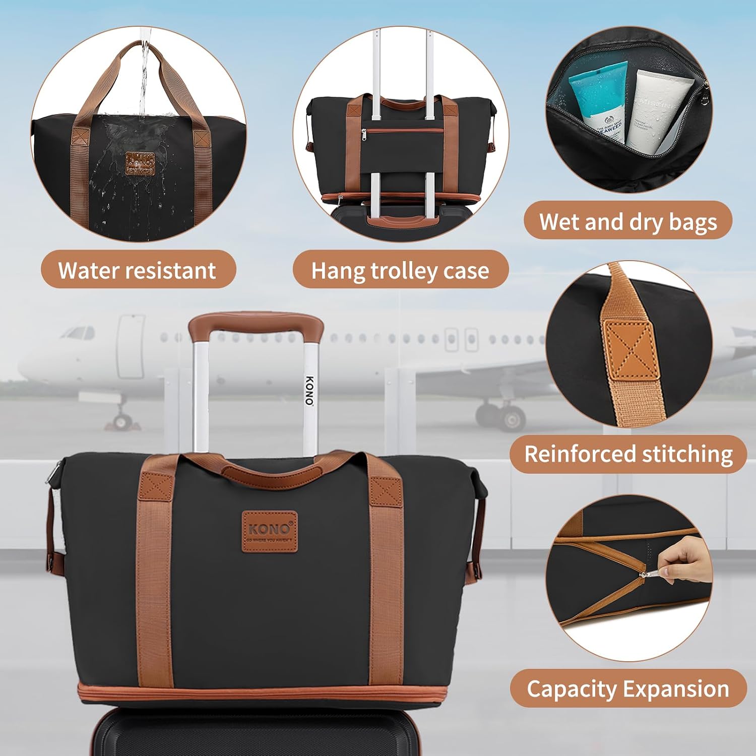 Detalle de KONO 4-tlg. Reisekoffer-Set (55 cm Handgepäck) mit Beautycase & Kulturbeutel in Schwarz/Braun