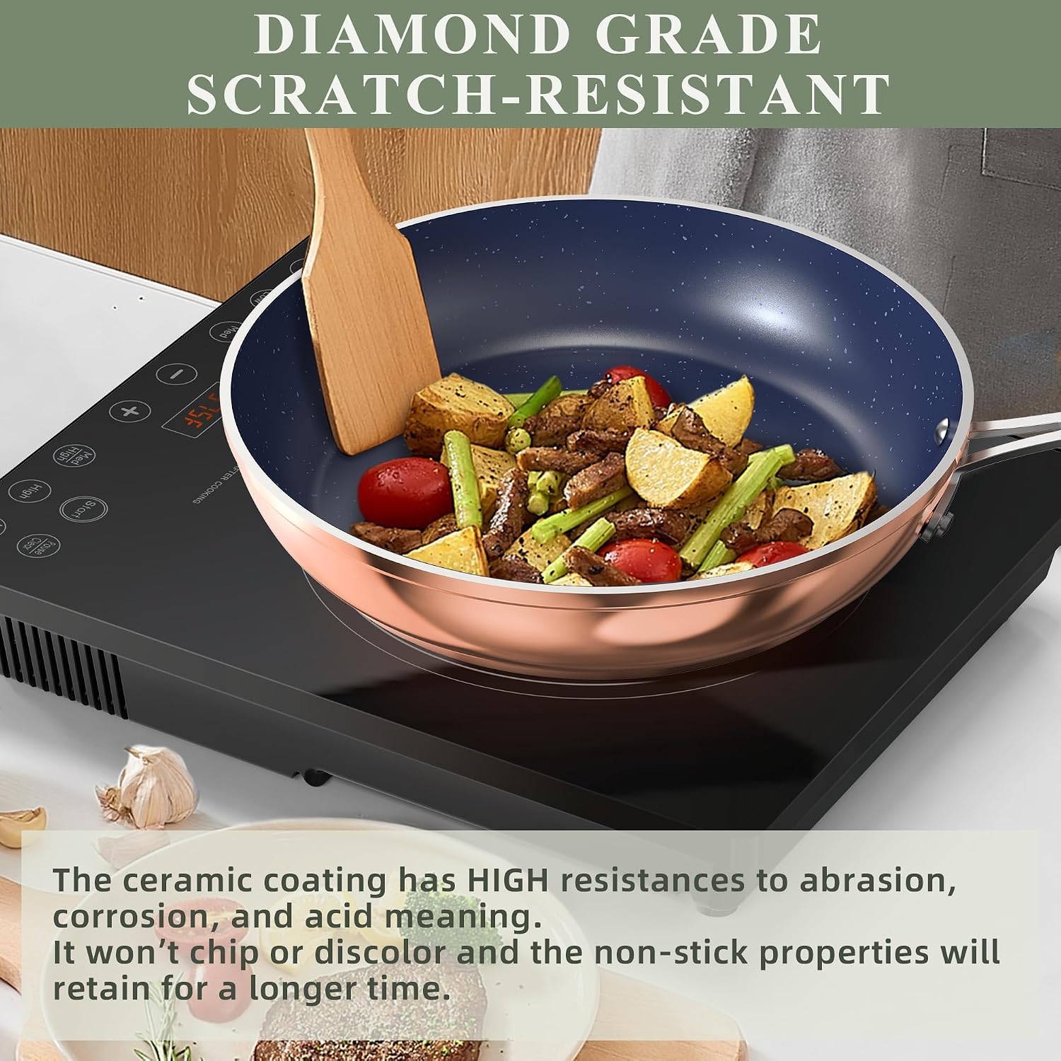 Detalle de Nuwave Healthy Duralon Blue Ceramic Nonstick Cookware Set (Diamond-Infused, PFAS-Free) with Tempered Glass Lids
