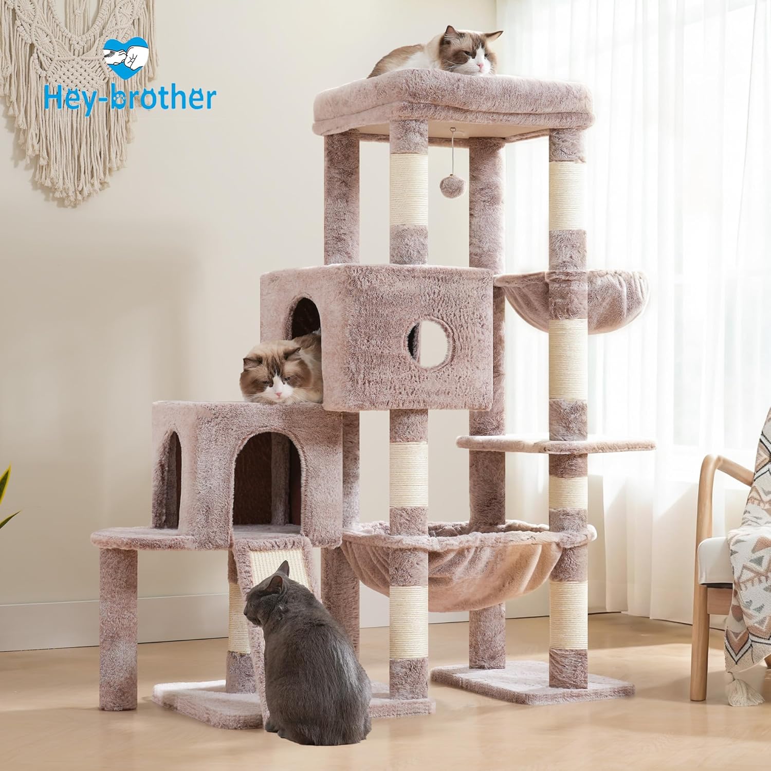 Thumbnail 6 de Hey-brother Arbre à Chat avec grande plateforme, hamac et 2 niches (beige-marron) MPJ071MU