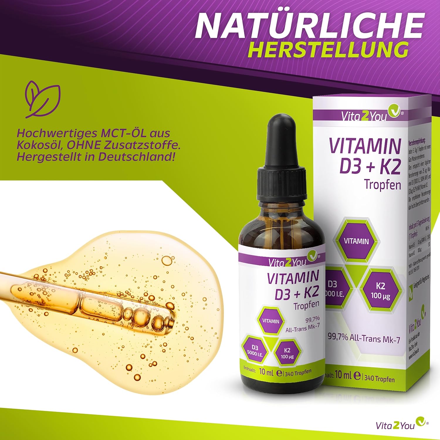 Detalle de Vita2You Vitamin D3 + K2 Tropfen (K2VITAL MK-7) mit 5.000 IE D3 & 100 µg K2 pro Tropfen