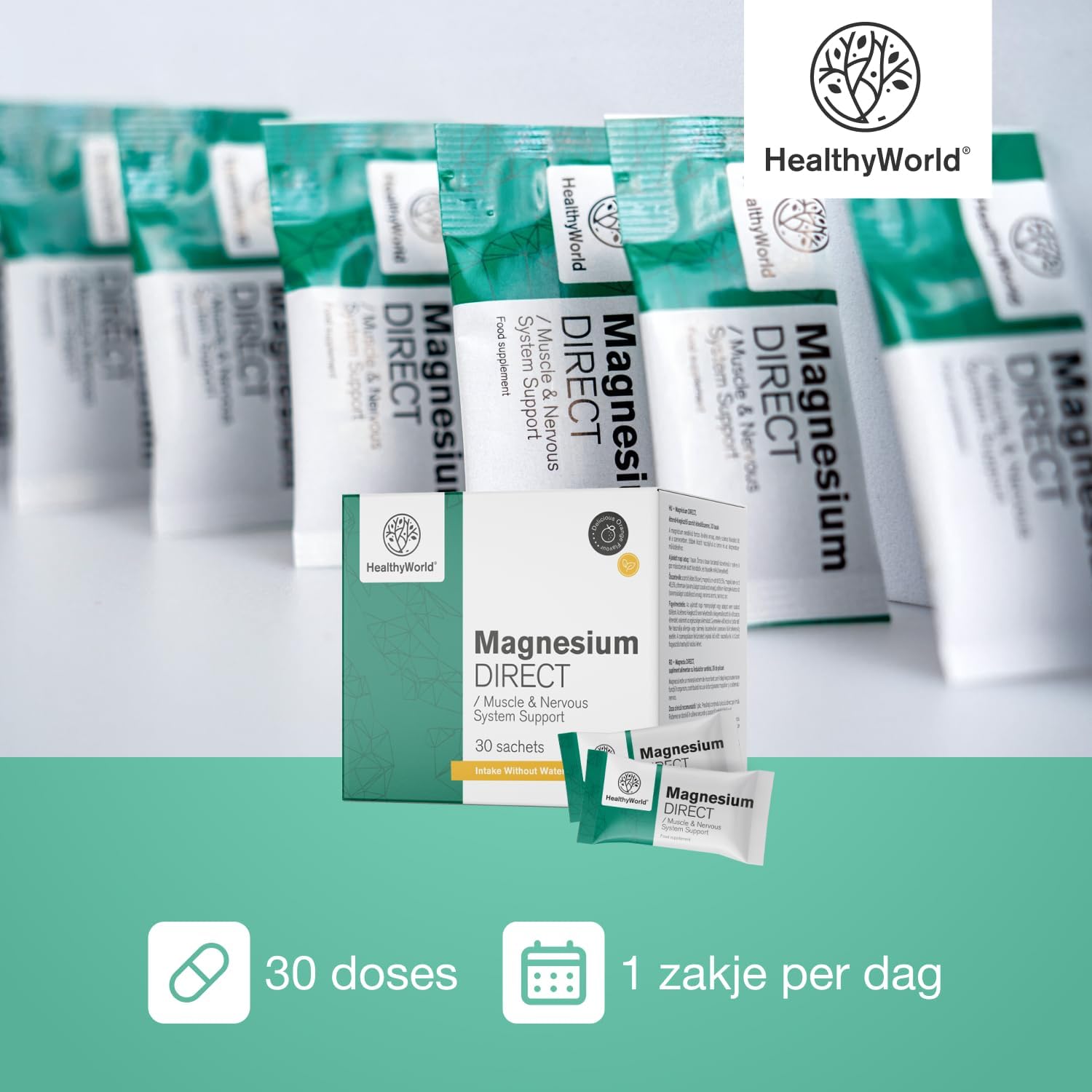 Detalle de HealthyWorld Magnesium DIRECT 400 mg met citraat en oxide, 30 zakjes