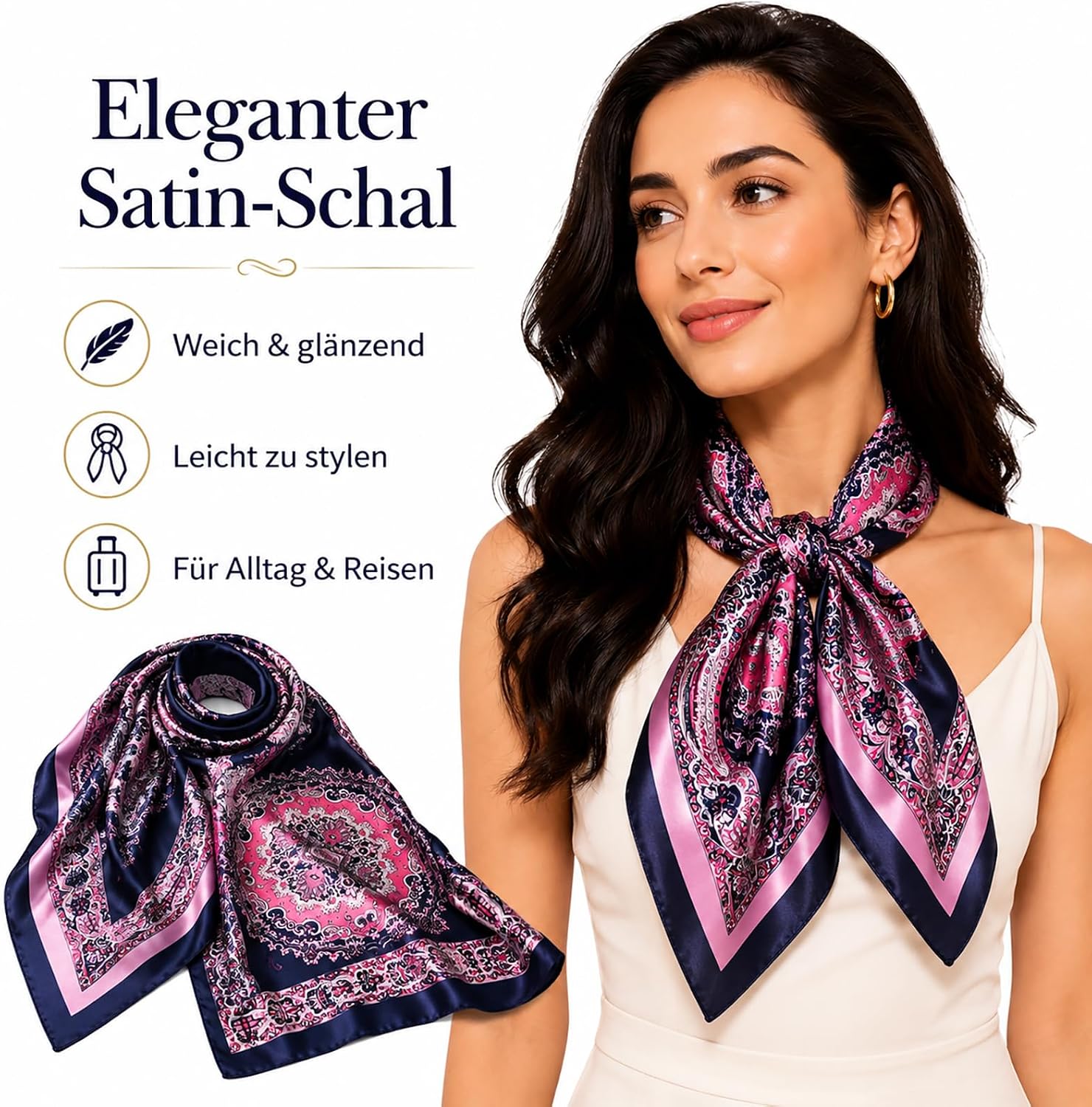 Detalle de FAIRYGATE Damen Quadratischer Satin Schal 90x90 cm – vielseitiges Kopftuch und Haarschal