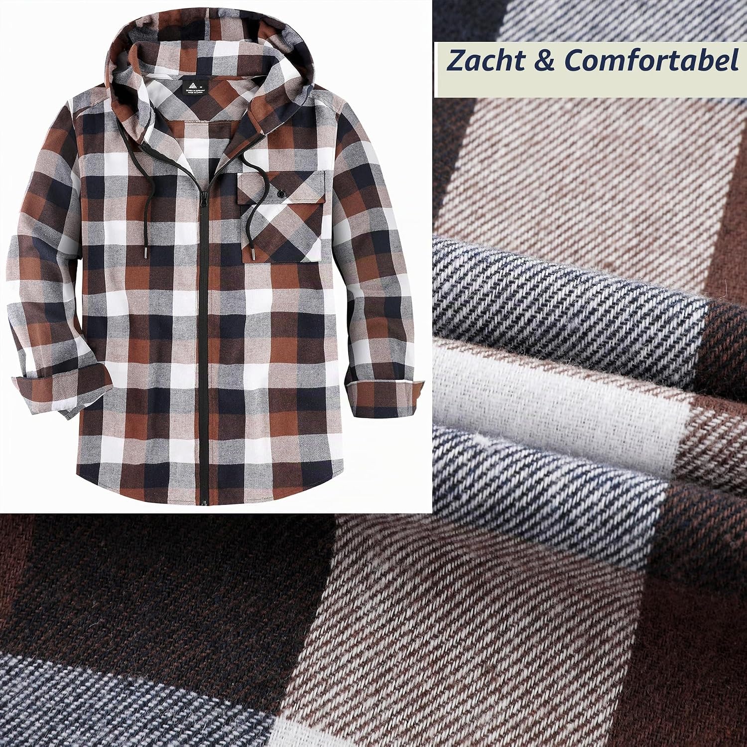 Detalle de SwissWell geruit flanellen herenoverhemd met capuchon en ritssluiting