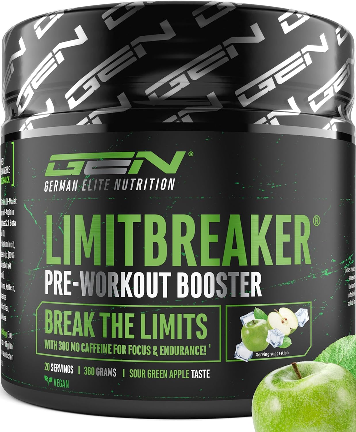 Detalle de LIMITBREAKER® Pre Workout Booster mit Koffein 300 mg – Sour Green Apple, 360 g Pulver
