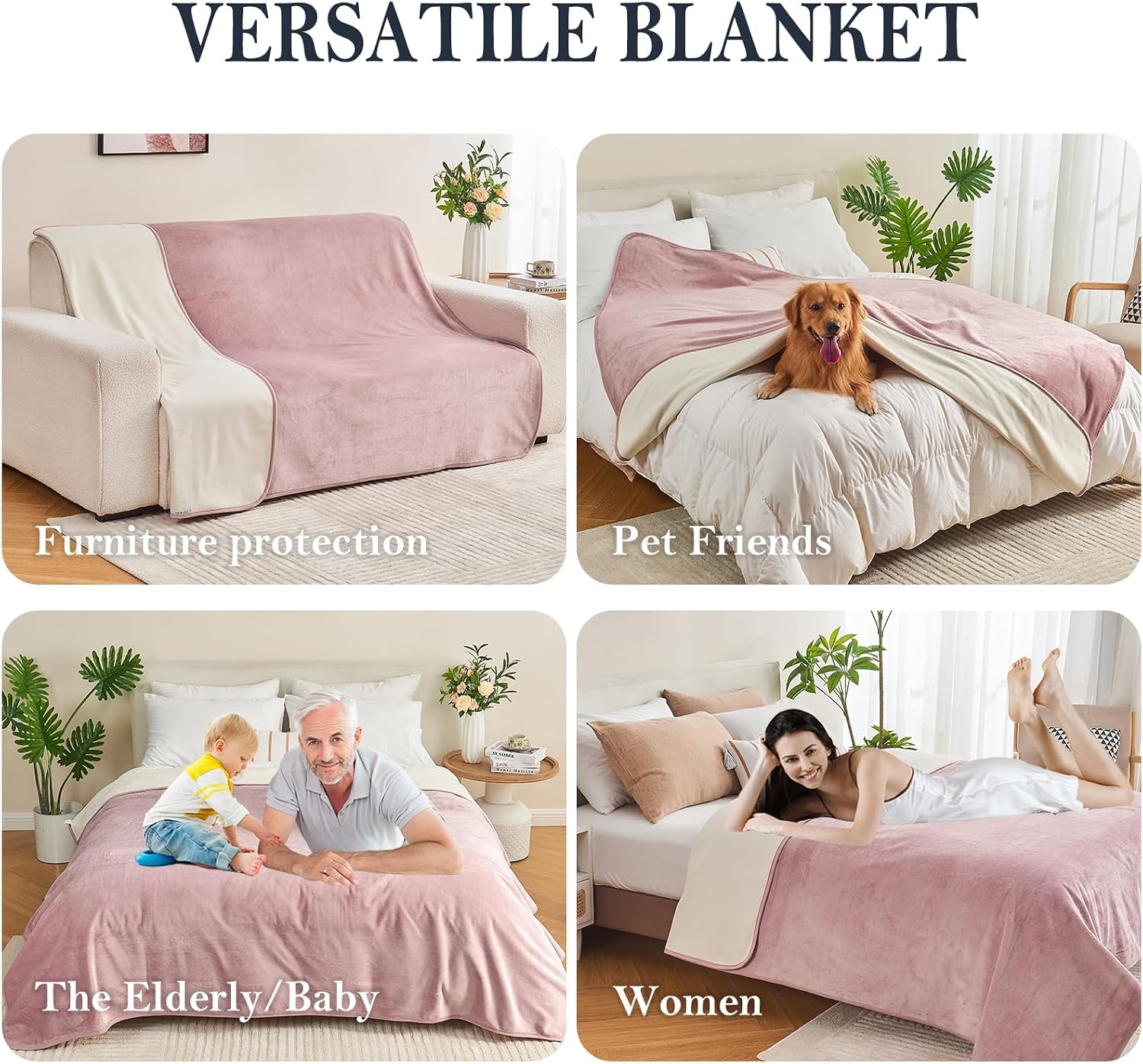 Thumbnail 2 de Yaning Waterproof Blanket 203x228cm in Dusty Pink/Off White – reversible leakproof bed, sofa & car cover