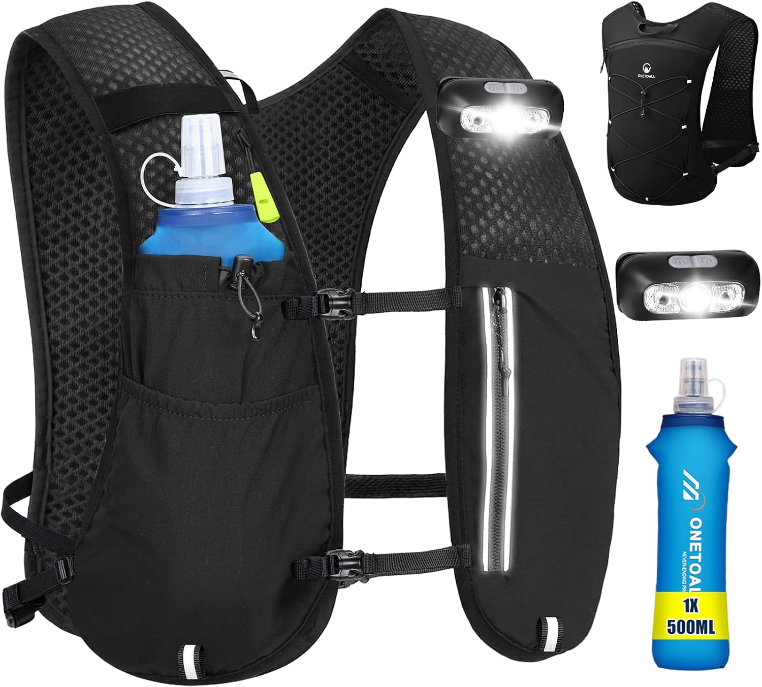 Detalle de ONETOALL Gilet Running: Zaino da Trail con Soft Flask 500 ml e Luce LED, versione unisex 175 g