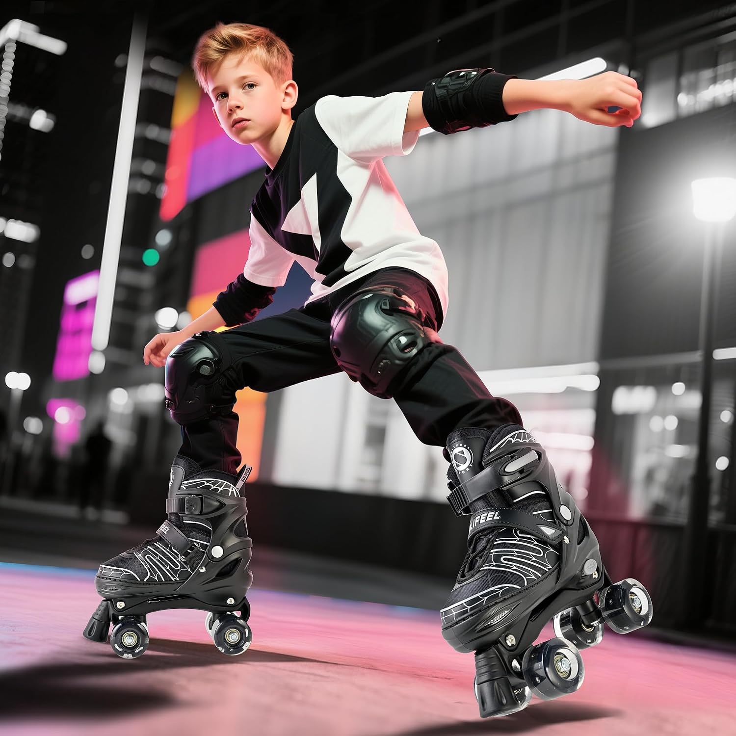 Detalle 2 de SULIFEEL Adjustable Kids Roller Skates (Light-Up Wheels) for Boys — 4-Size Growth Fit