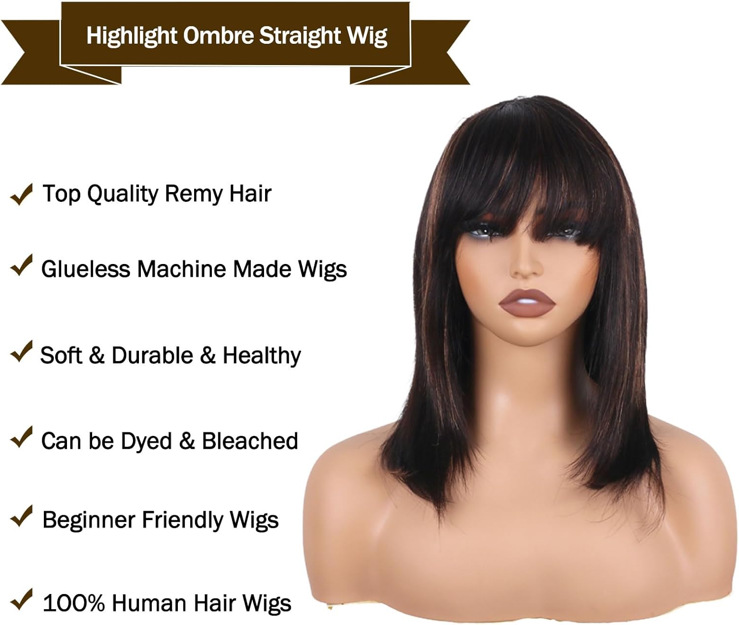 Thumbnail 2 de ManeMajesty Perruque Bob Court Ombré avec Mèches – Cheveux Humains, 46 cm, Frange, Sans Dentelle