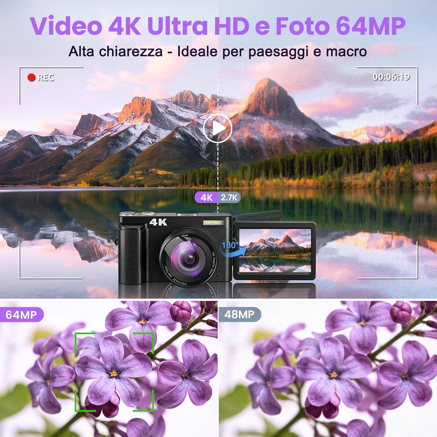 Thumbnail 2 de Fotocamera Digitale 4K 64MP WiFi 16X Zoom con Schermo Girevole 180° – Kit Completo per Vlog e Selfie
