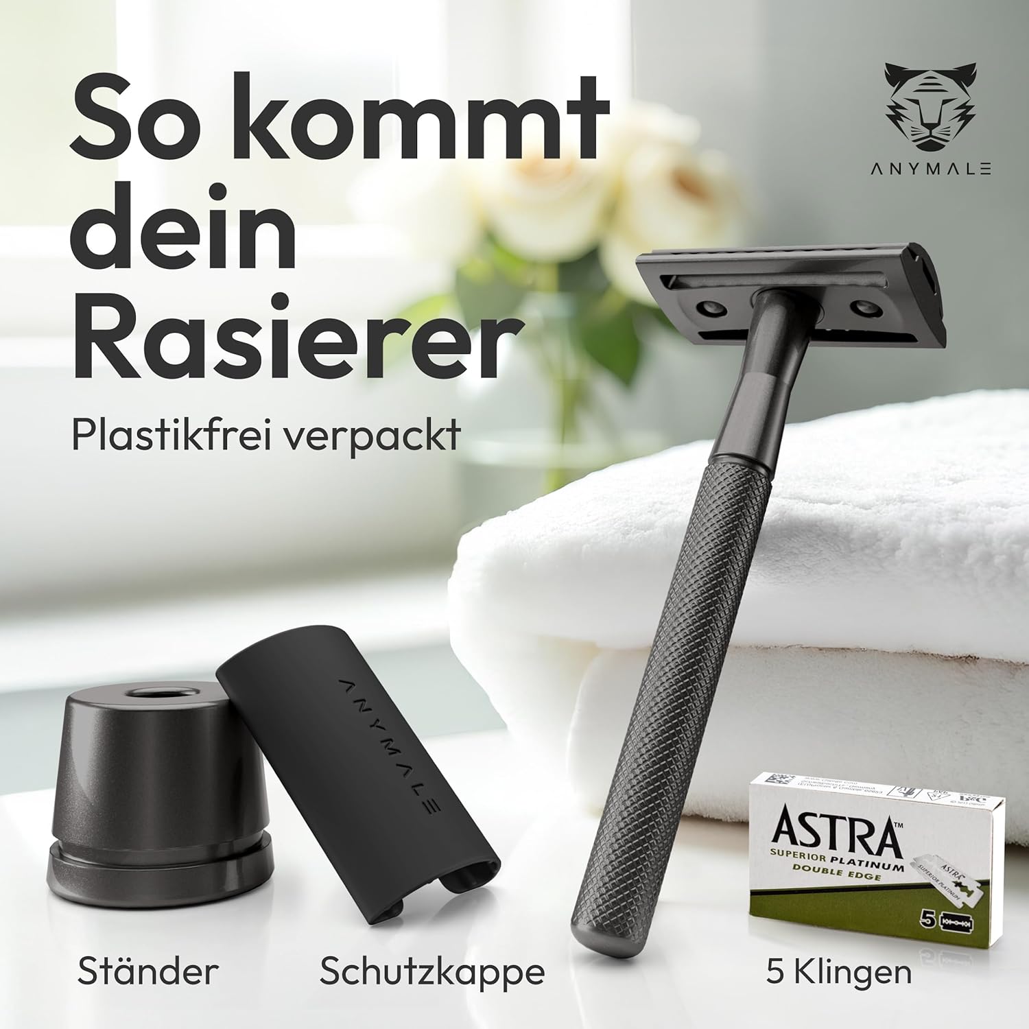 Detalle de ANYMALE Rasierhobel Herren (Black Edition) inkl. 5 Klingen, Ständer & Zero Waste - Nassrasur aus Metall