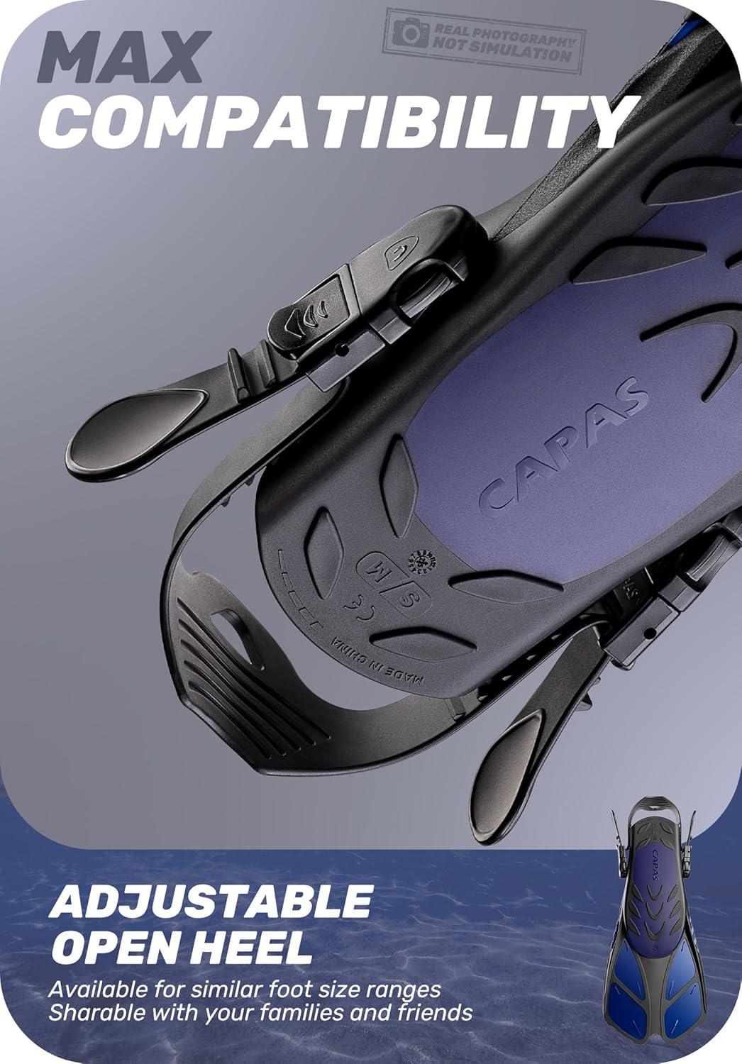 Detalle 2 de CAPAS Snorkel Fins Travel Size Open-Heel Adjustable Flippers (Short Fins for Adults & Kids)