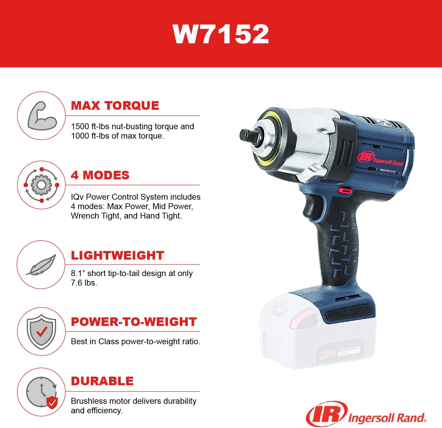 Detalle de Ingersoll-Rand Clé à choc W7152 sans Fil 13 mm (1/2''), 20 V – Puissance Contrôlée