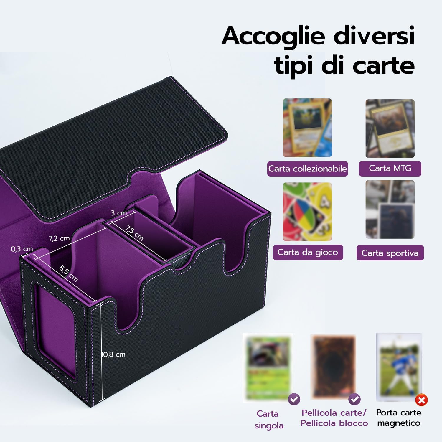 Detalle de Tolesum Commander Deck Box: Porta Mazzo MTG 360+ carte, 3-in-1 con vetrine e cassetto dadi – Nero Viola