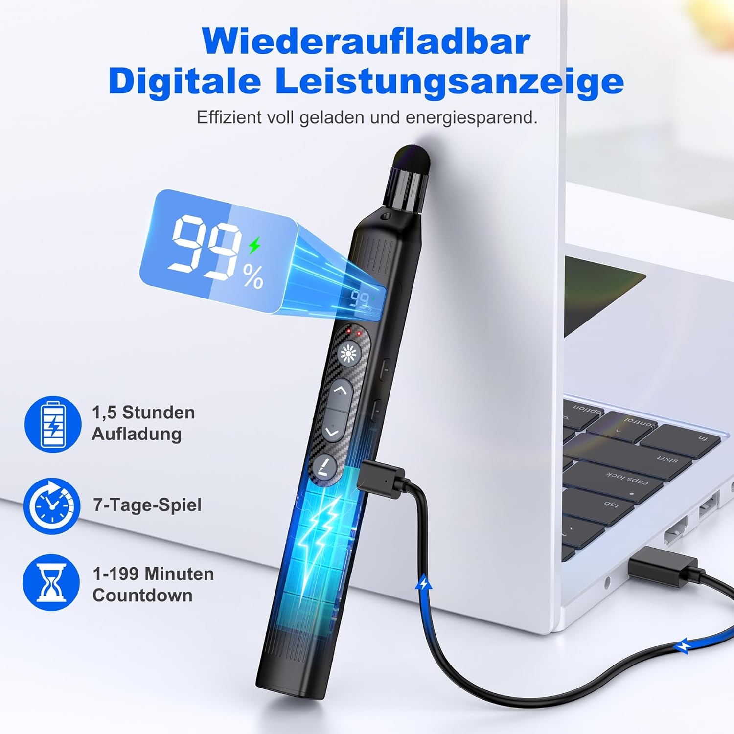 Detalle 2 de Elegamefy Schreiben Presenter – Präsentationsfernbedienung mit ausziehbarem Zeigestab und wiederaufladbarem USB-C