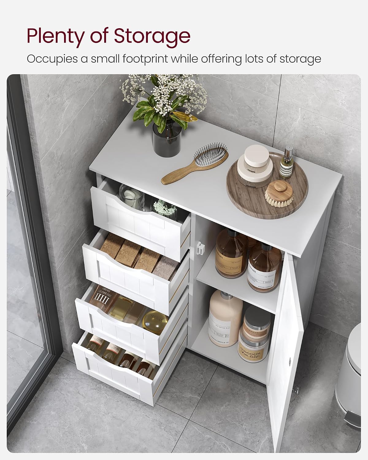 Detalle de Vasagle LHC41W Bathroom Floor Storage Cabinet with 4 Drawers, Single Door & Adjustable Shelf (White)