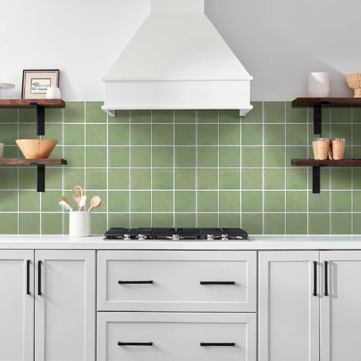 Detalle de COMSTICKC zelfklevende wandtegels, saliegroen PVC met 3D-textuur, 10 stuks