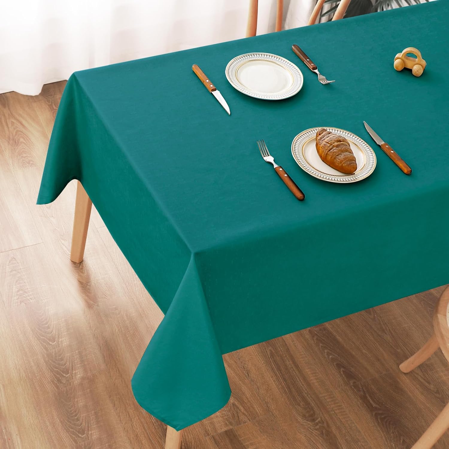 Detalle de AooHome Tischdecke abwaschbar in Blaugrün (100x140 cm) mit Leinen-Optik und Lotuseffekt