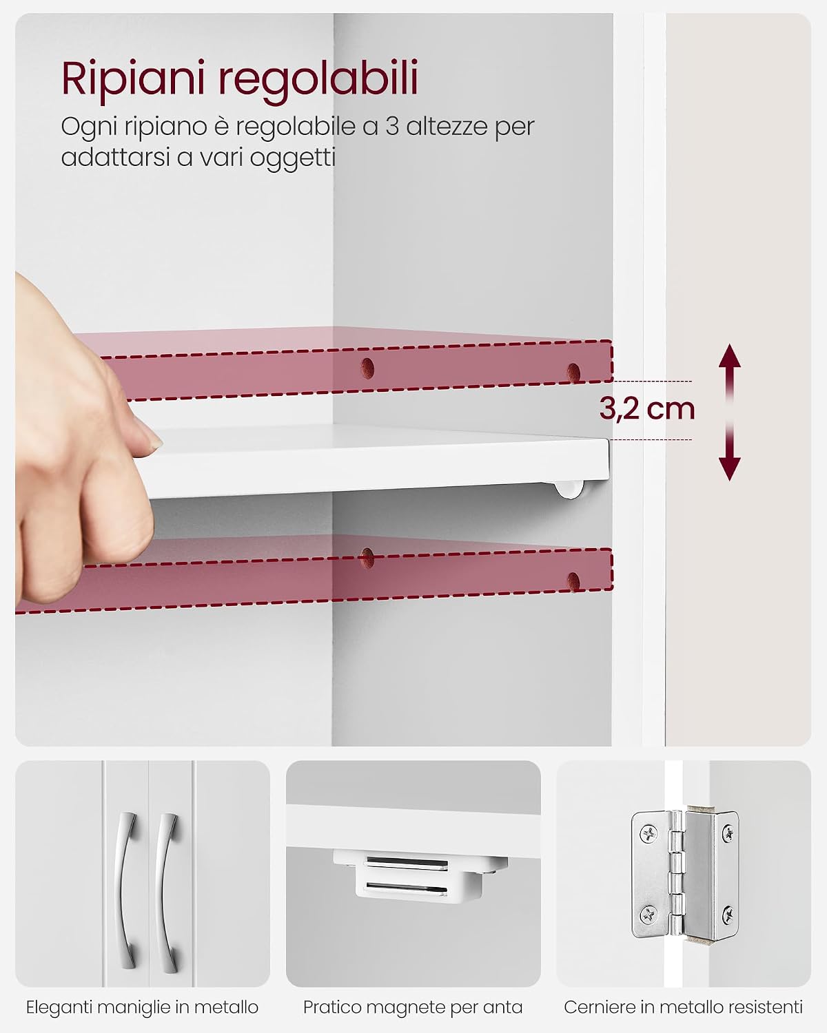 Detalle 2 de VASAGLE BBC321W01: armadietto pensile da bagno sospeso bianco nuvola 30 x 60 x 60 cm con ripiani regolabili