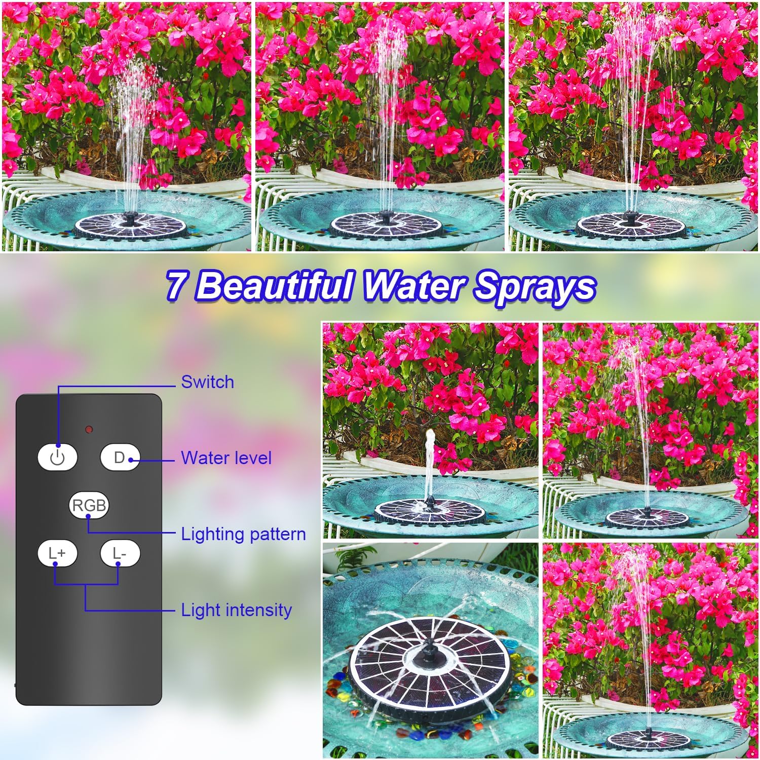 Detalle 2 de Solar Springbrunnen mit Fernbedienung (SZMP) – 6W LED Teichpumpe mit 4.000-mAh Batterie, 7 Düsen