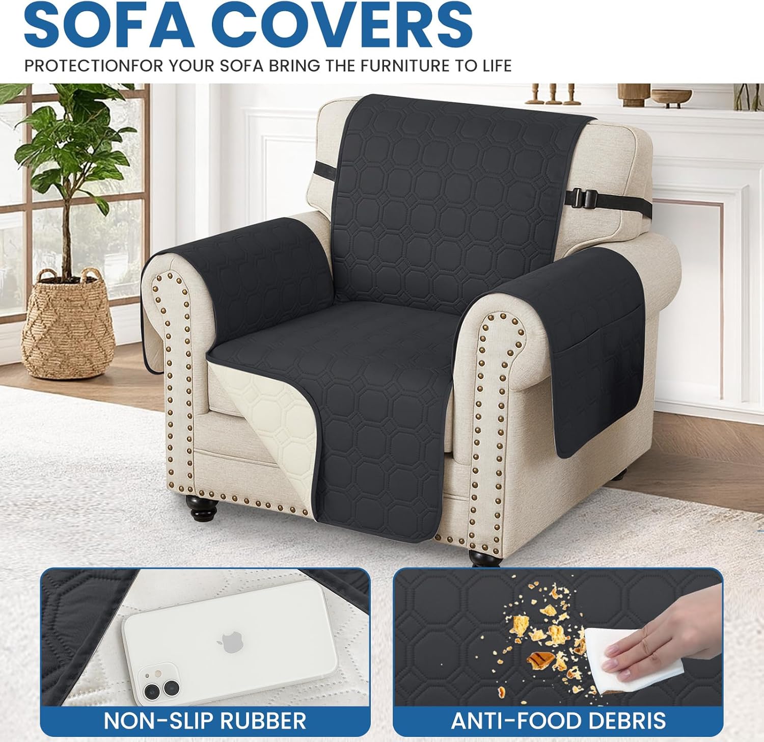 Thumbnail 5 de Ystyle housse de canapé imperméable 3 places noire avec accoudoirs et poches latérales