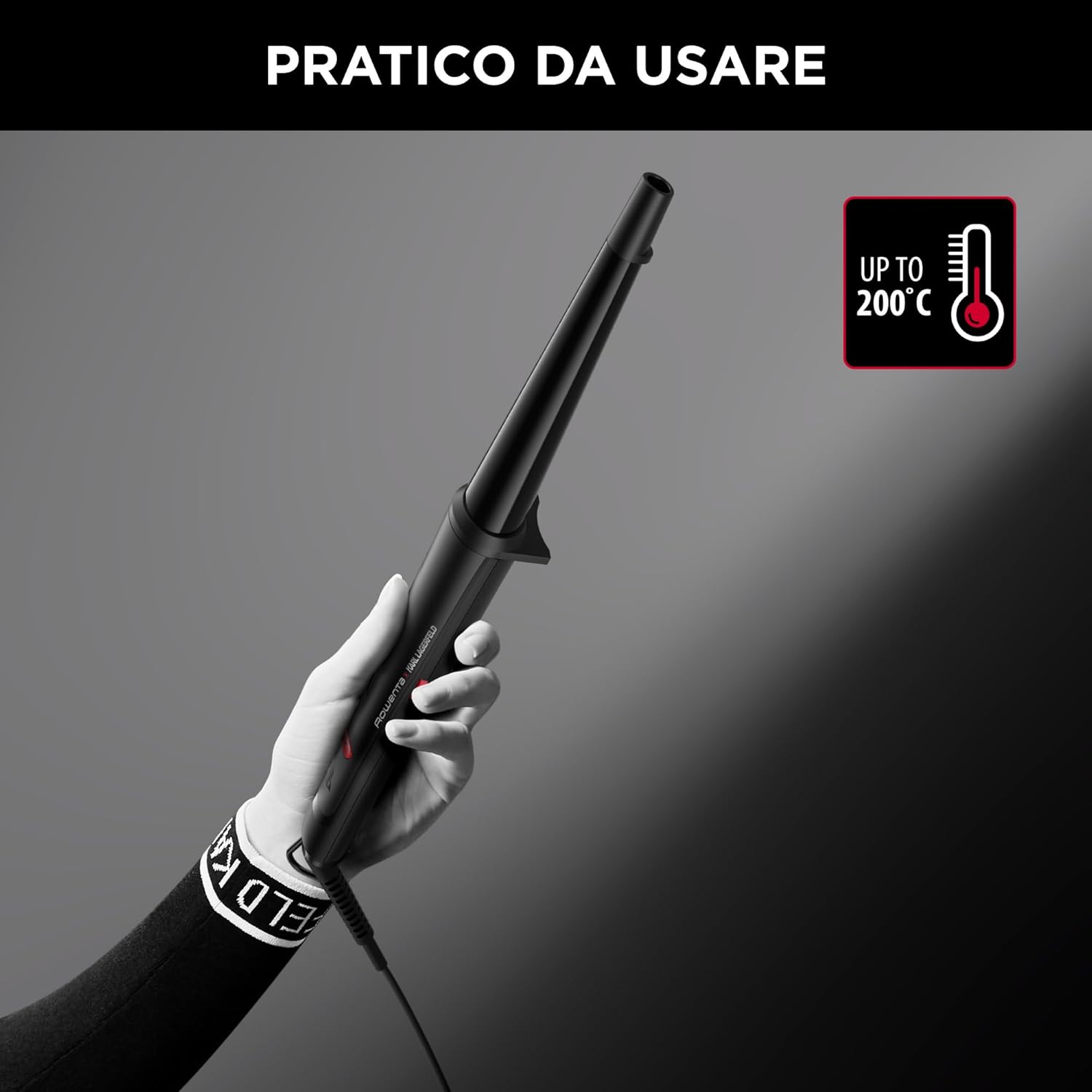 Detalle de Rowenta x KARL LAGERFELD Ferro Conico – Styler Arricciacapelli CF324L: onde naturali, controllo preciso e design iconico
