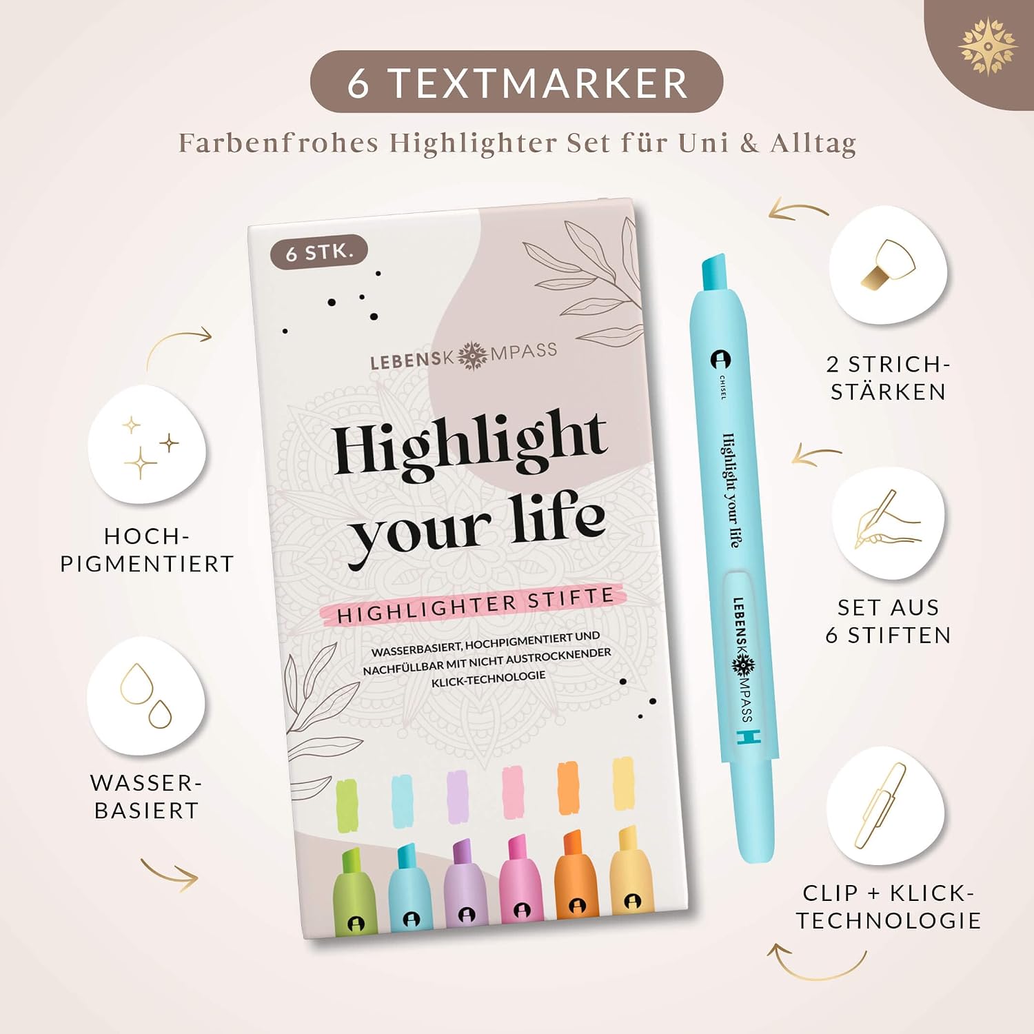 Detalle de LEBENSKOMPASS Textmarker Set mit Klick-Technologie – 6 Pastell-Highlighter für Schule, Uni, Büro