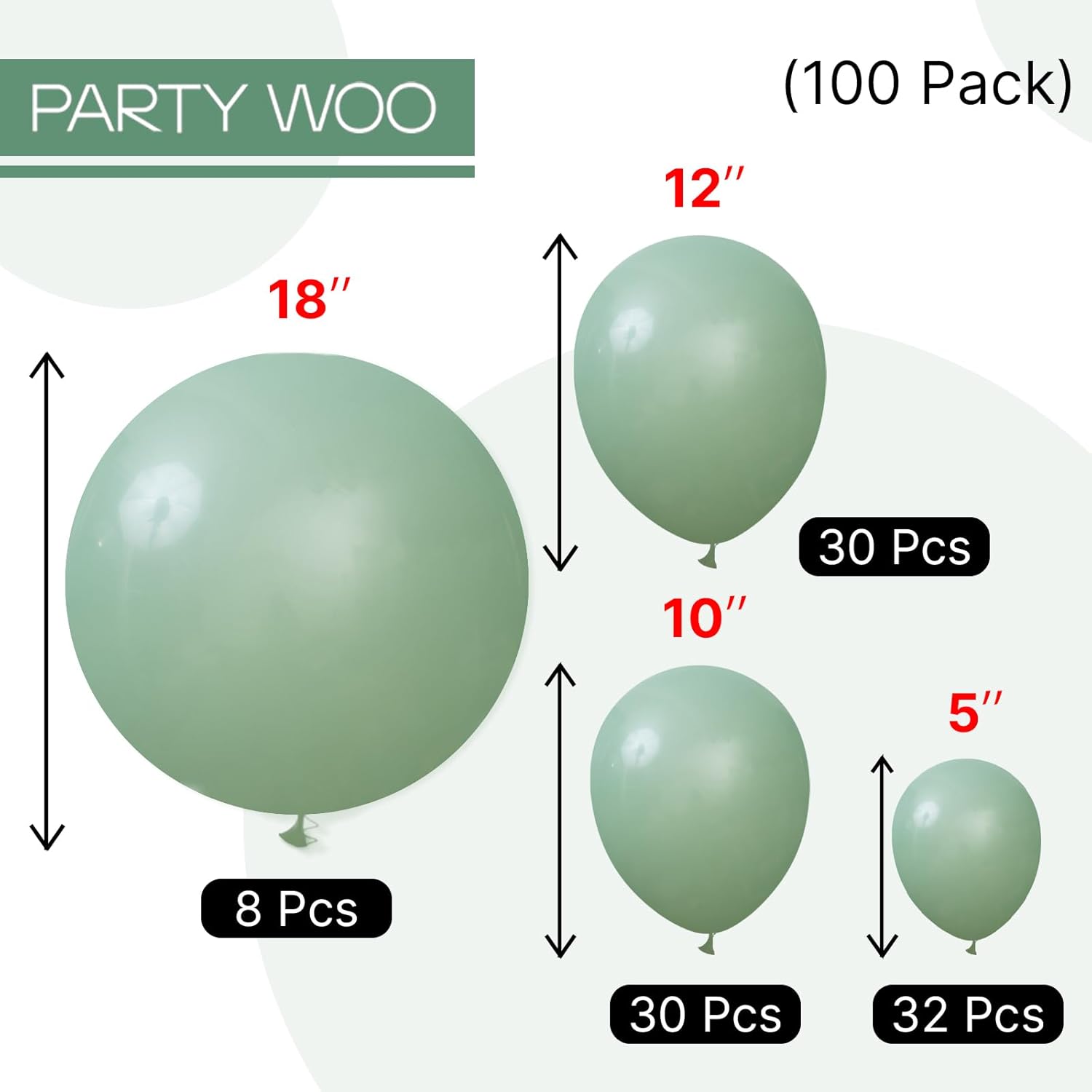 Detalle 2 de PartyWoo Sage Green Latex Balloons Kit (100 pcs, mixed sizes)