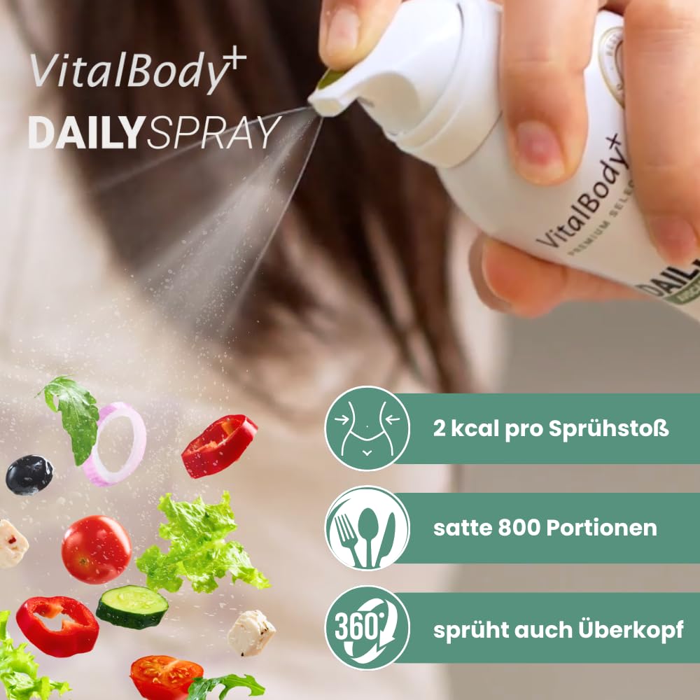 Detalle de VitalBody+ DailySpray MCT Kokosöl – Kalorienarmes Ölspray (4er Pack, 3200 Portionen) für Airfryer, Braten & Grillen