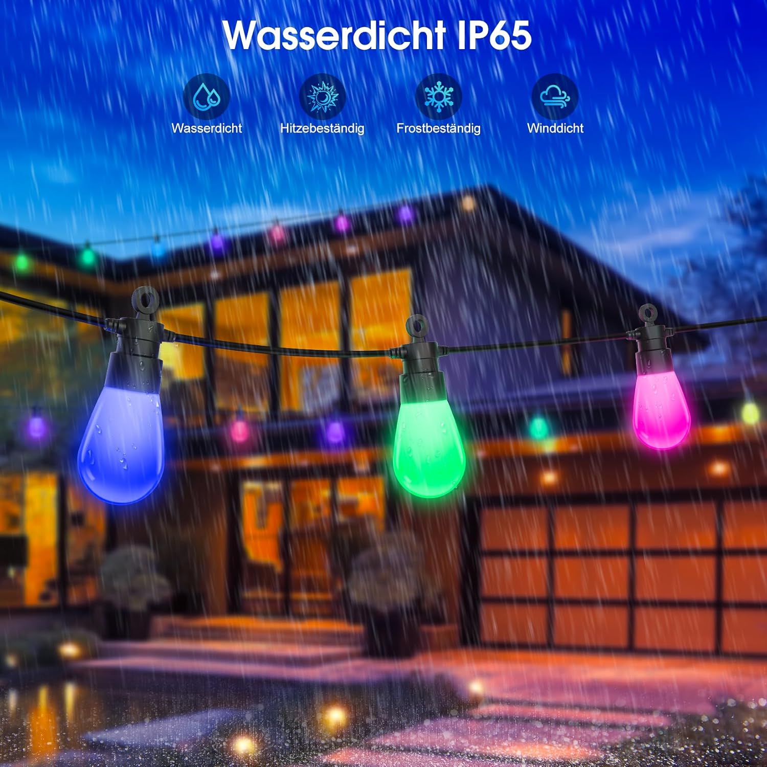 Detalle de LED Lichterkette Außen Strom Weihnachten – 21 m bunt RGB, IP65, Fernbedienung, 19 Glühbirnen + 1 Ersatz