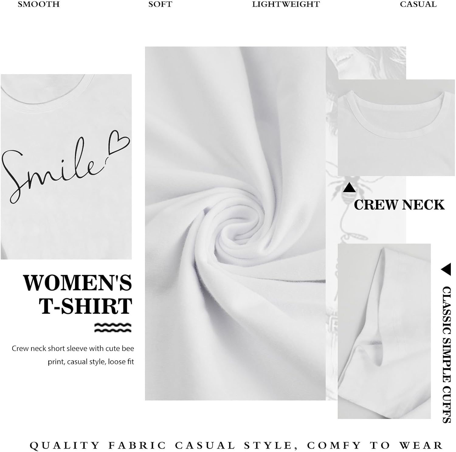 Thumbnail 2 de Tuopuda Damen T-Shirt Sommer Rundhals Kurzarm mit Lächeln-Print – Basic Baumwollshirt, angenehm tragbar