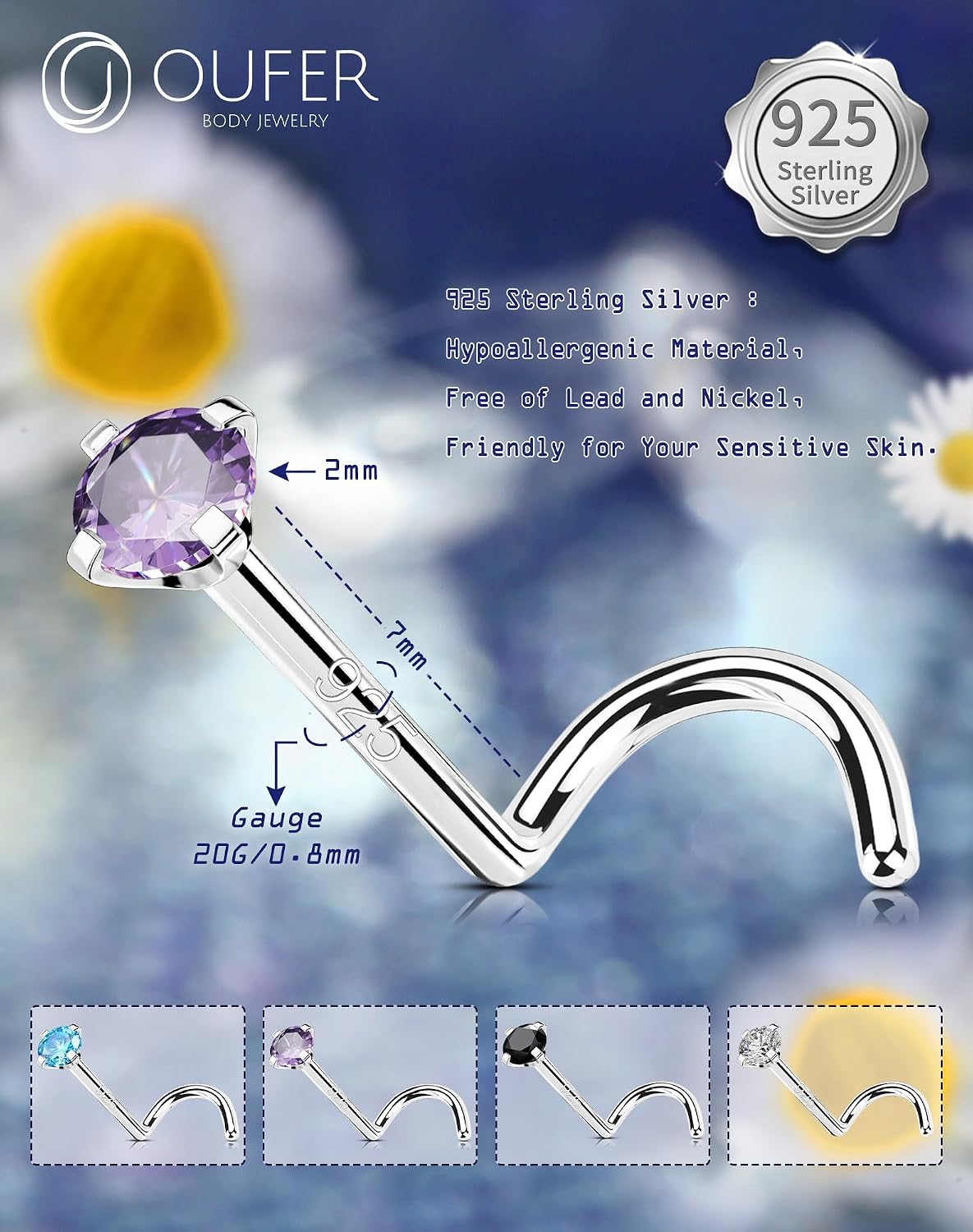 Detalle de OUFER 20G Oro bianco Naso Anello 7mm CZ