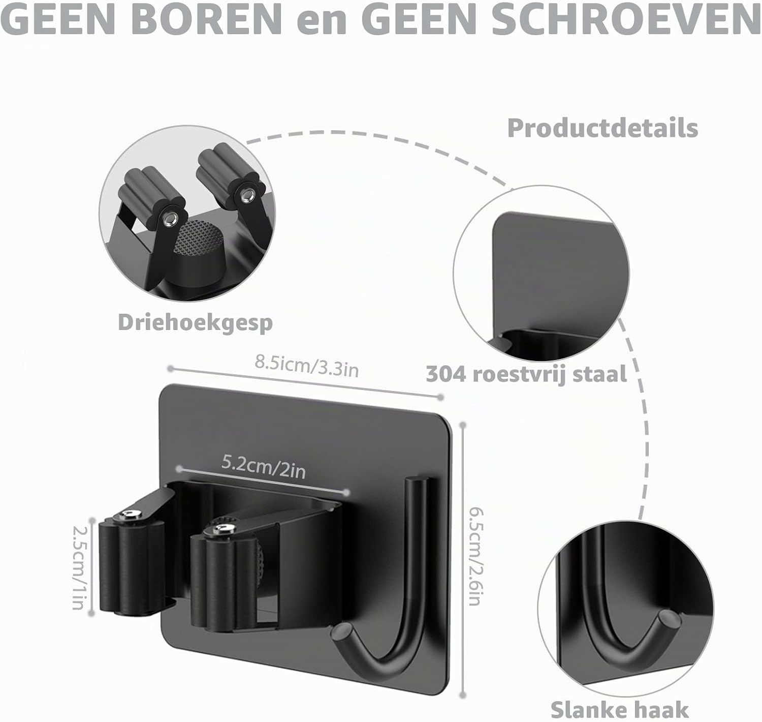 Detalle 1 de homeasy HU-XI-201 bezemhouder, 4 stuks, zelfklevend roestvrij staal, zwart