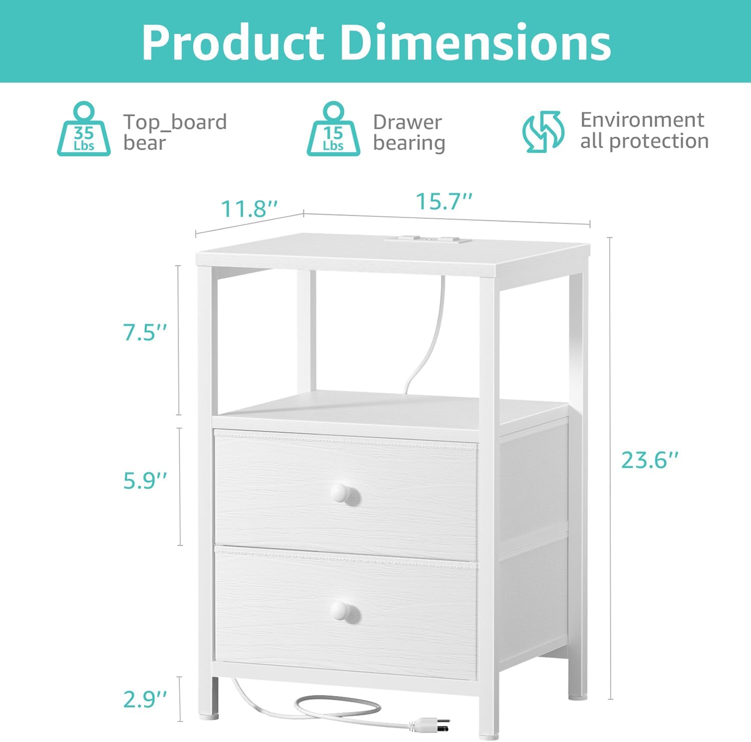 Detalle 1 de BOLUO White Nightstand with Charging Station