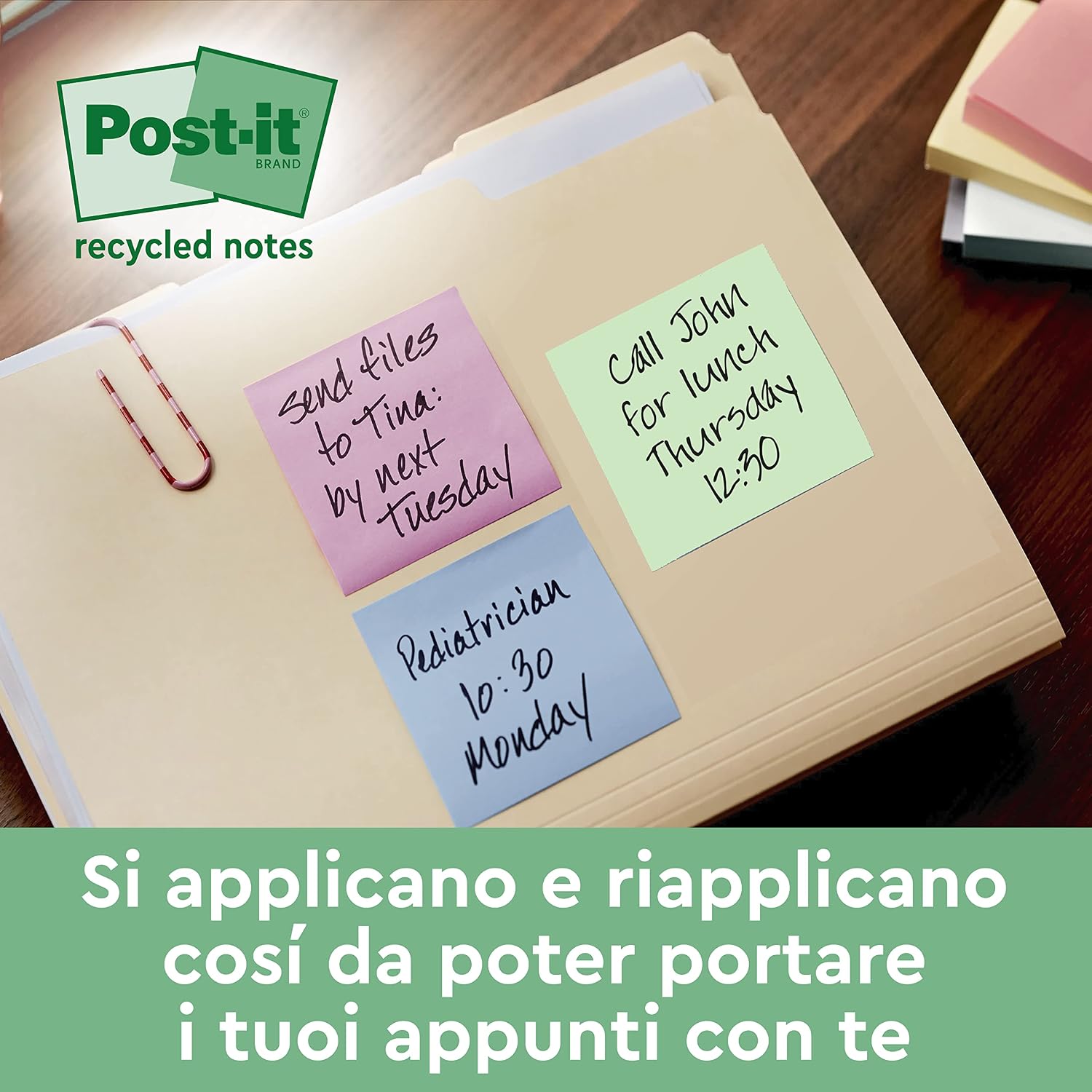 Detalle de Foglietti adesivi Post-it in carta riciclata al 100% – 24 blocchetti (38×51 mm) in colori assortiti