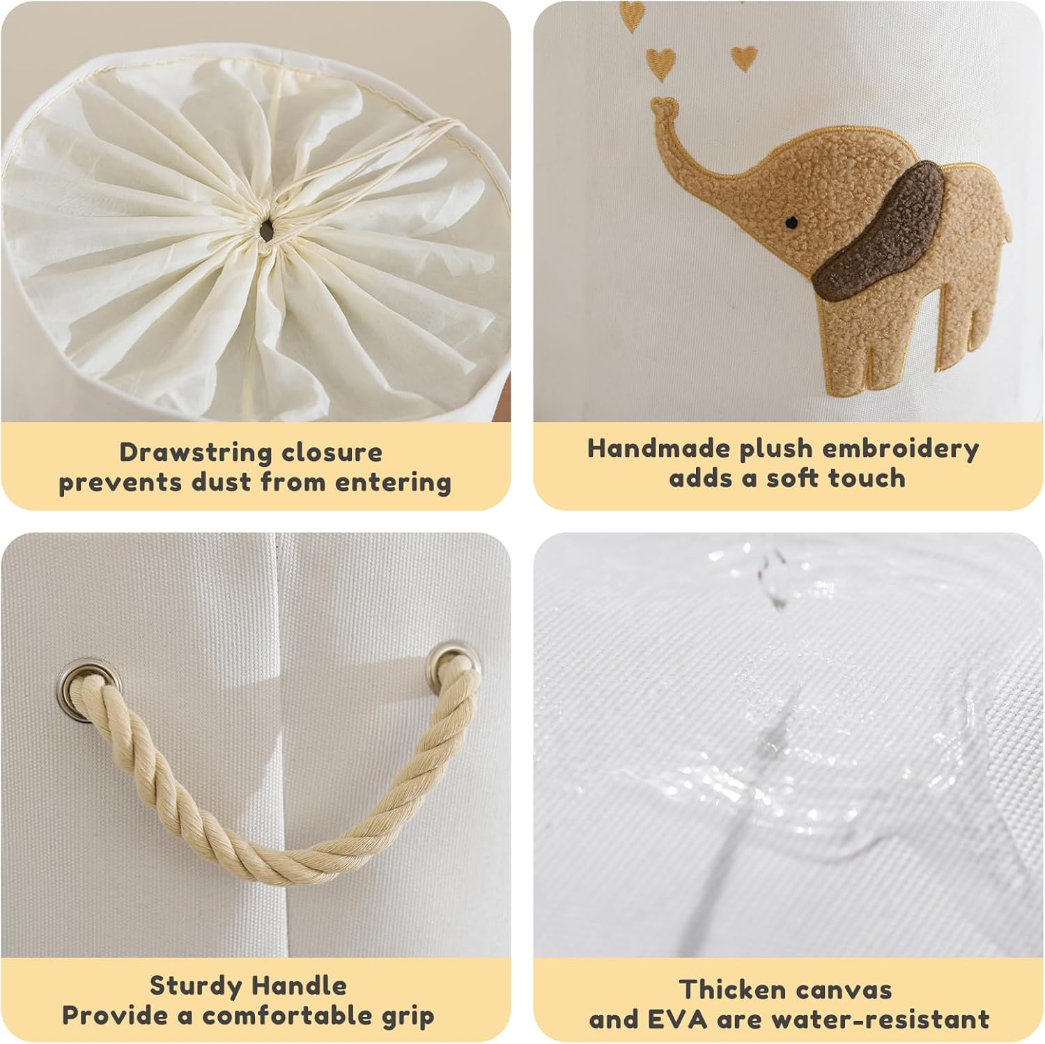 Detalle de INough Baby Laundry Basket Hamper (Canvas, 58L) with Elephant Embroidery & Drawstring Closure