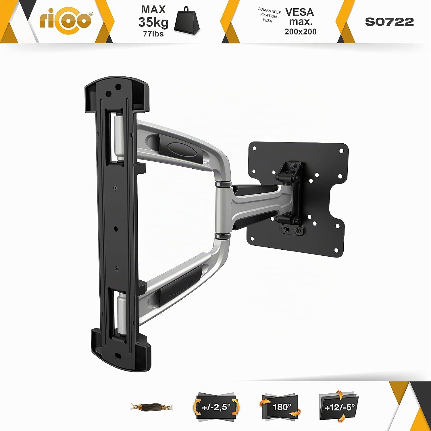 Detalle de Support mural TV RICOO Support Murale S0722 orientable et inclinable universel 17-47" (VESA 200 x 200) argent