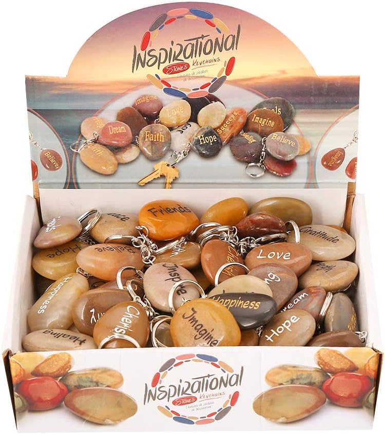 Detalle 2 de RockImpact 50PCS Inspirational Stones Key Chains – engraved natural river rock key rings (50-pack)