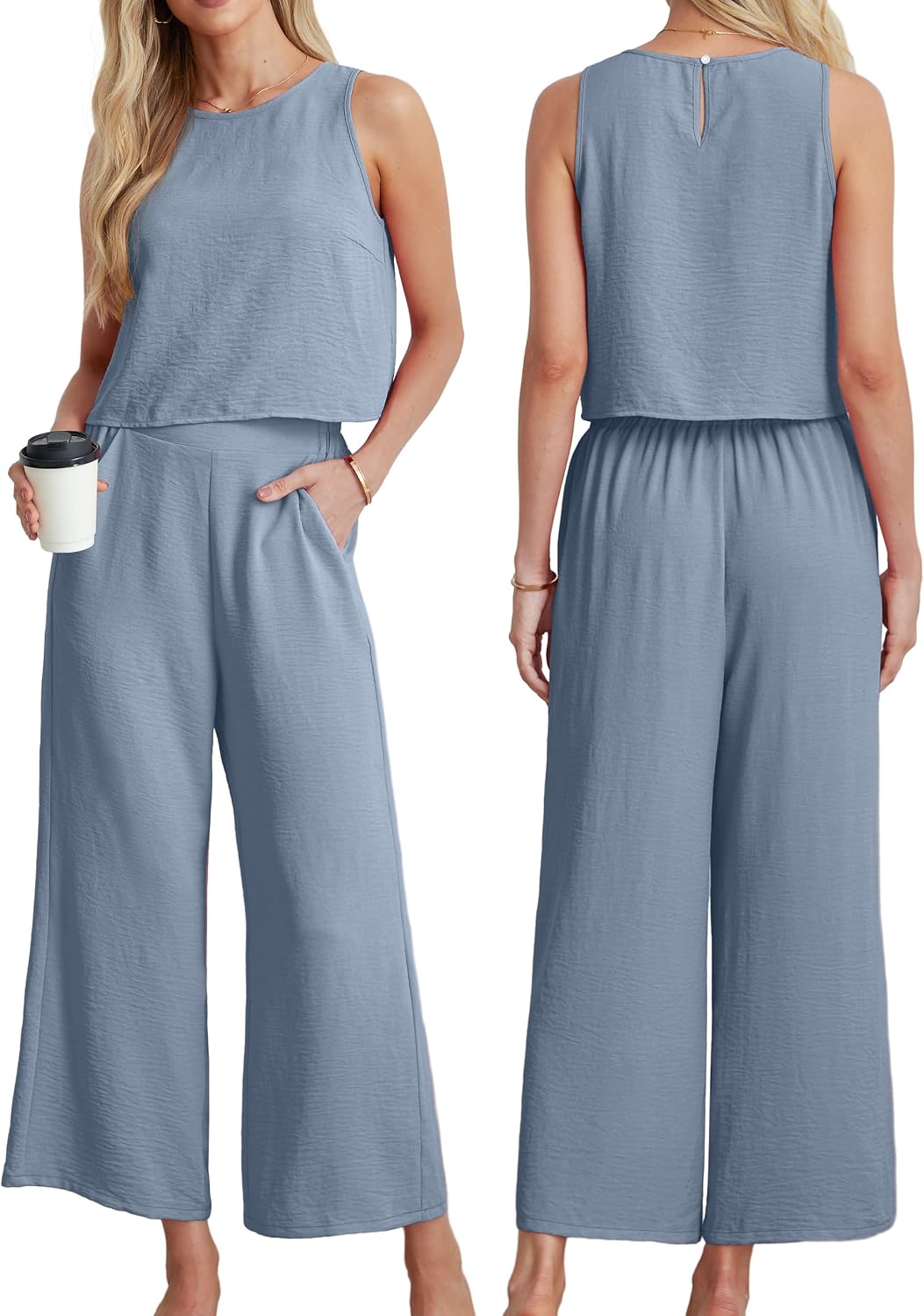 Detalle de IWOLLENCE Women's Summer 2 Piece Outfits Set: Sleeveless Crop Top & Wide-Leg Pants