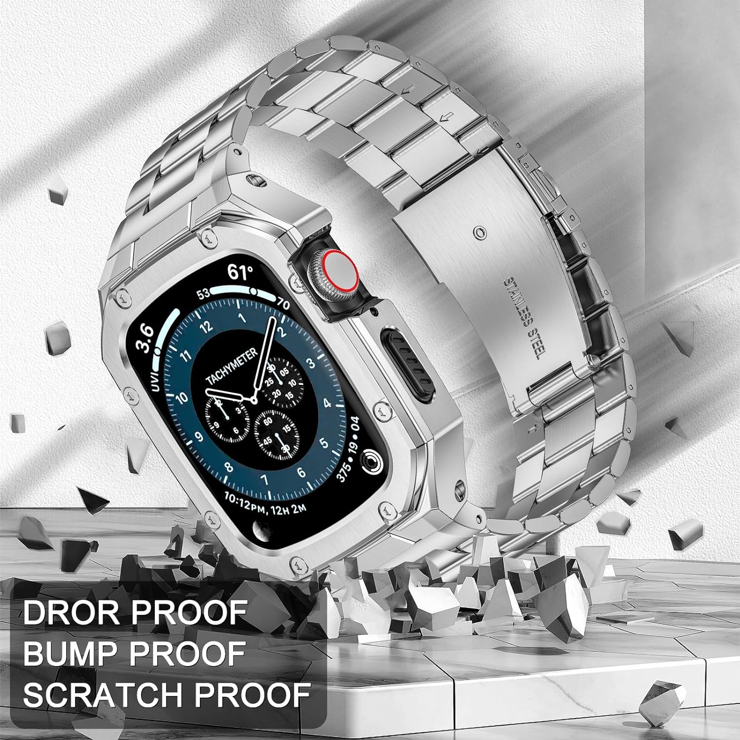 Detalle de Deczone Edelstahl-Armband mit Gehäuse für Apple Watch 42/44mm – kompatibel mit Series SE, 6, 5, 4, 3, 2, 1
