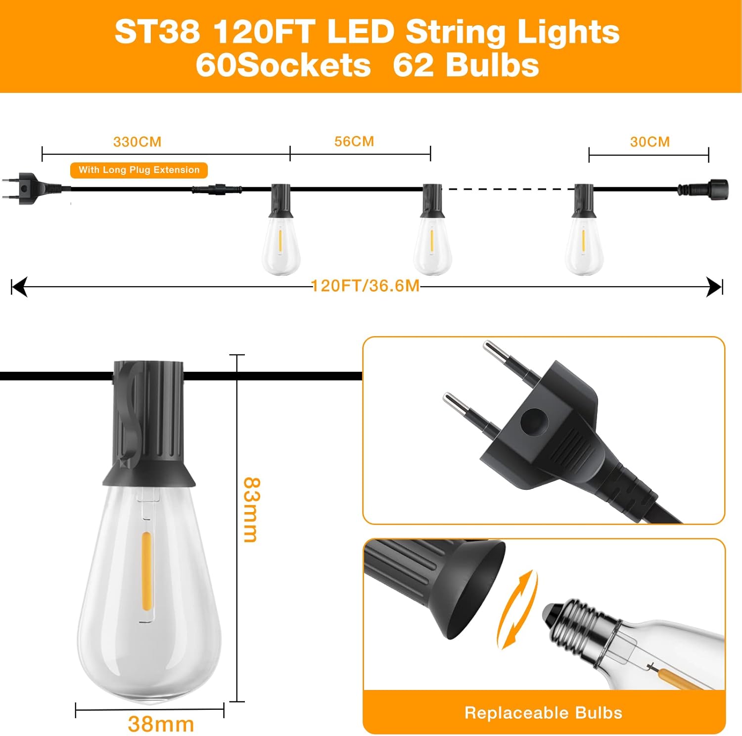Thumbnail 5 de GLUROO Catena Luminosa da Esterno 36 m con lampadine LED ST38 (60+2), 2200K bianco caldo, impermeabile