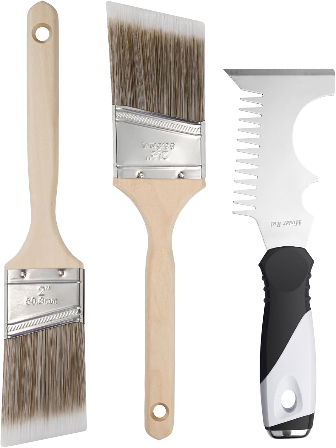 Detalle de Mister Rui Angled Paint Brush Set, 2" and 2.5" Brushes with Comb Cleaner